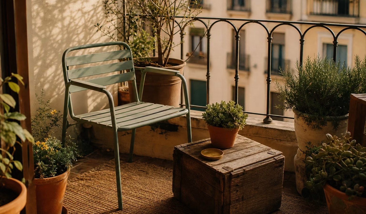 Terraza de Madrid decorada con muebles de exterior de segunda mano