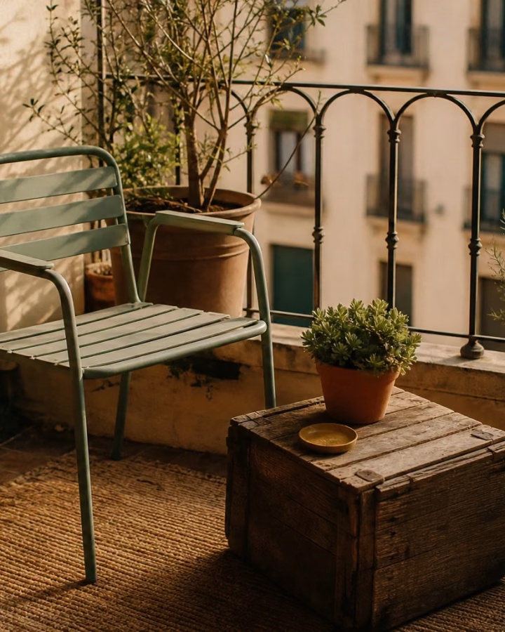 Terraza de Madrid decorada con muebles de exterior de segunda mano