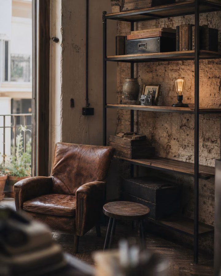 Estilo industrial en casa con muebles de segunda mano y piezas recuperadas