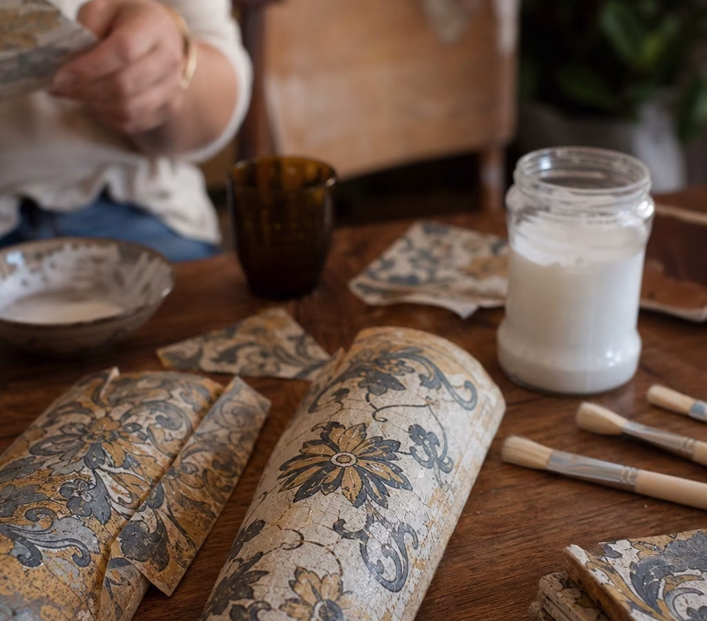 Tejas decoradas con la técnica del decoupage sobre una mesa de trabajo