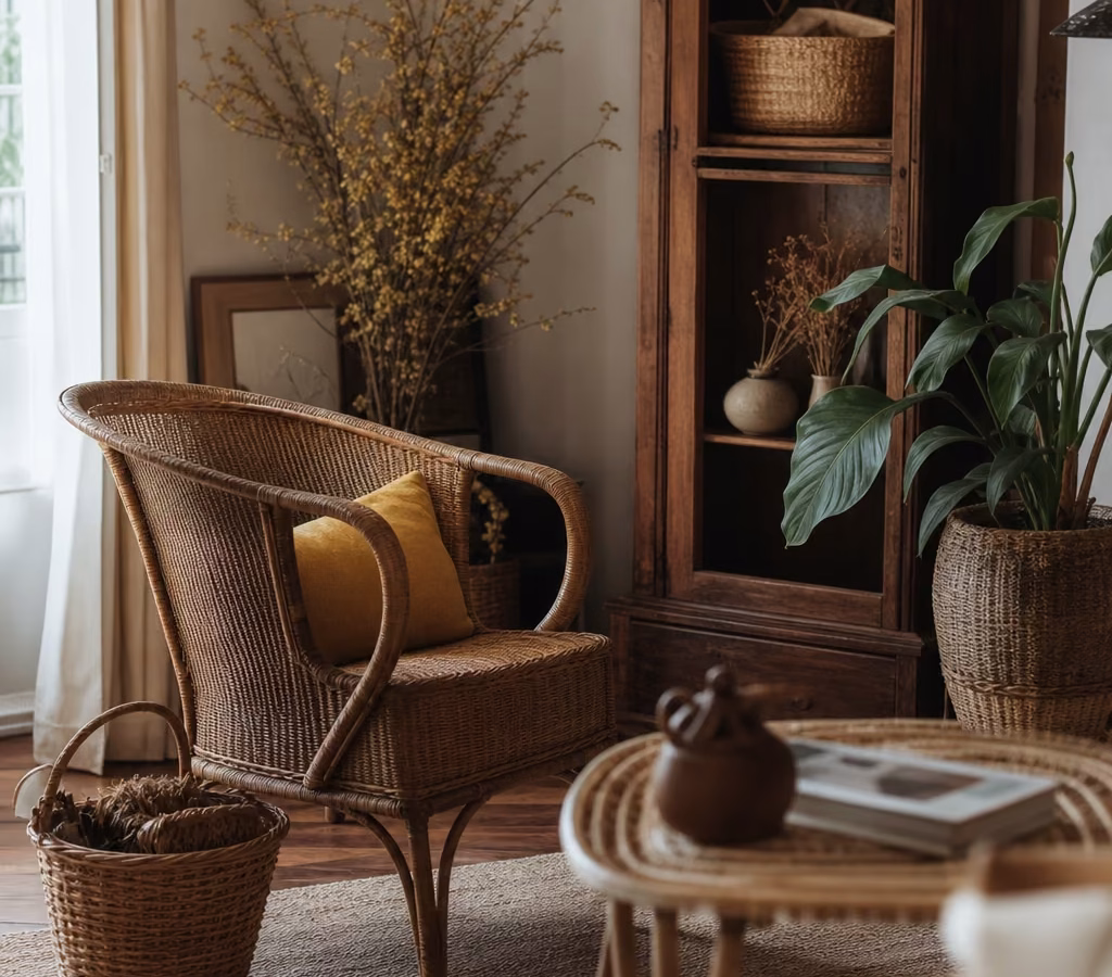 Muebles de mimbre y ratán de segunda mano en un salón cálido