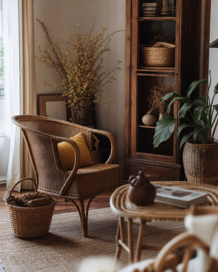 Muebles de mimbre y ratán de segunda mano en un salón cálido