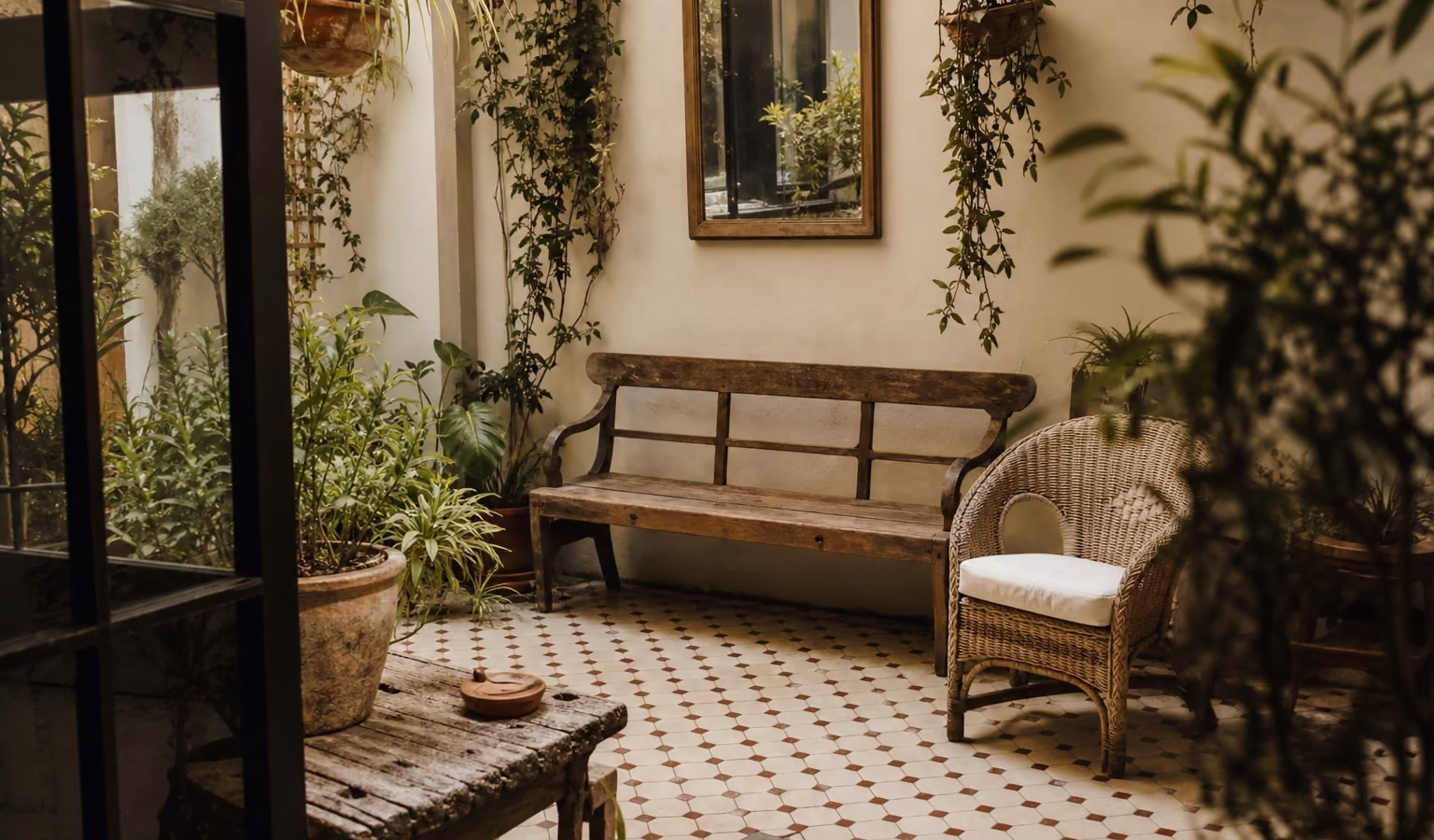 Patio interior amueblado con piezas vintage de segunda mano