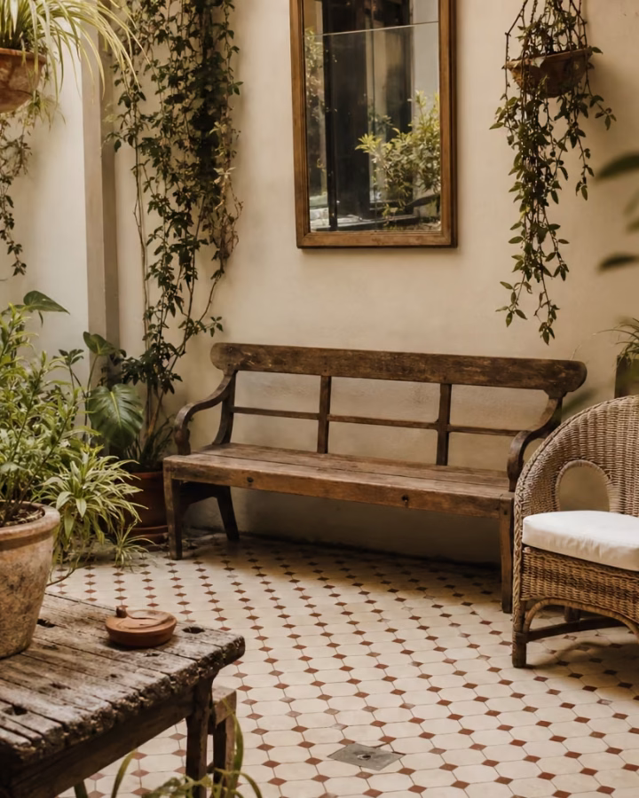 Patio interior amueblado con piezas vintage de segunda mano