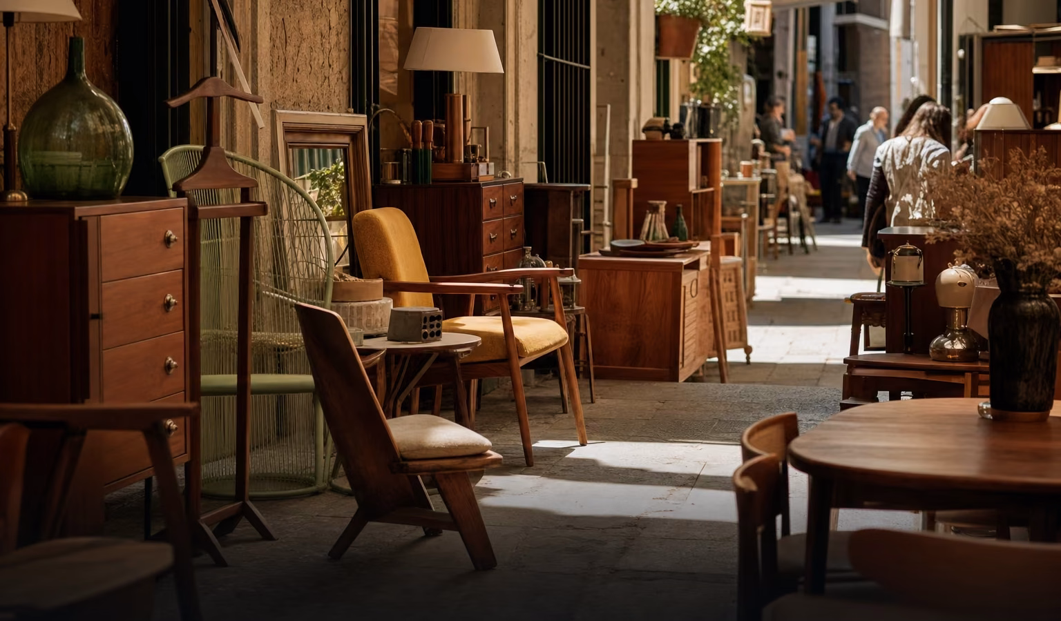 Muebles de segunda mano de madera expuestos en un mercadillo de Madrid