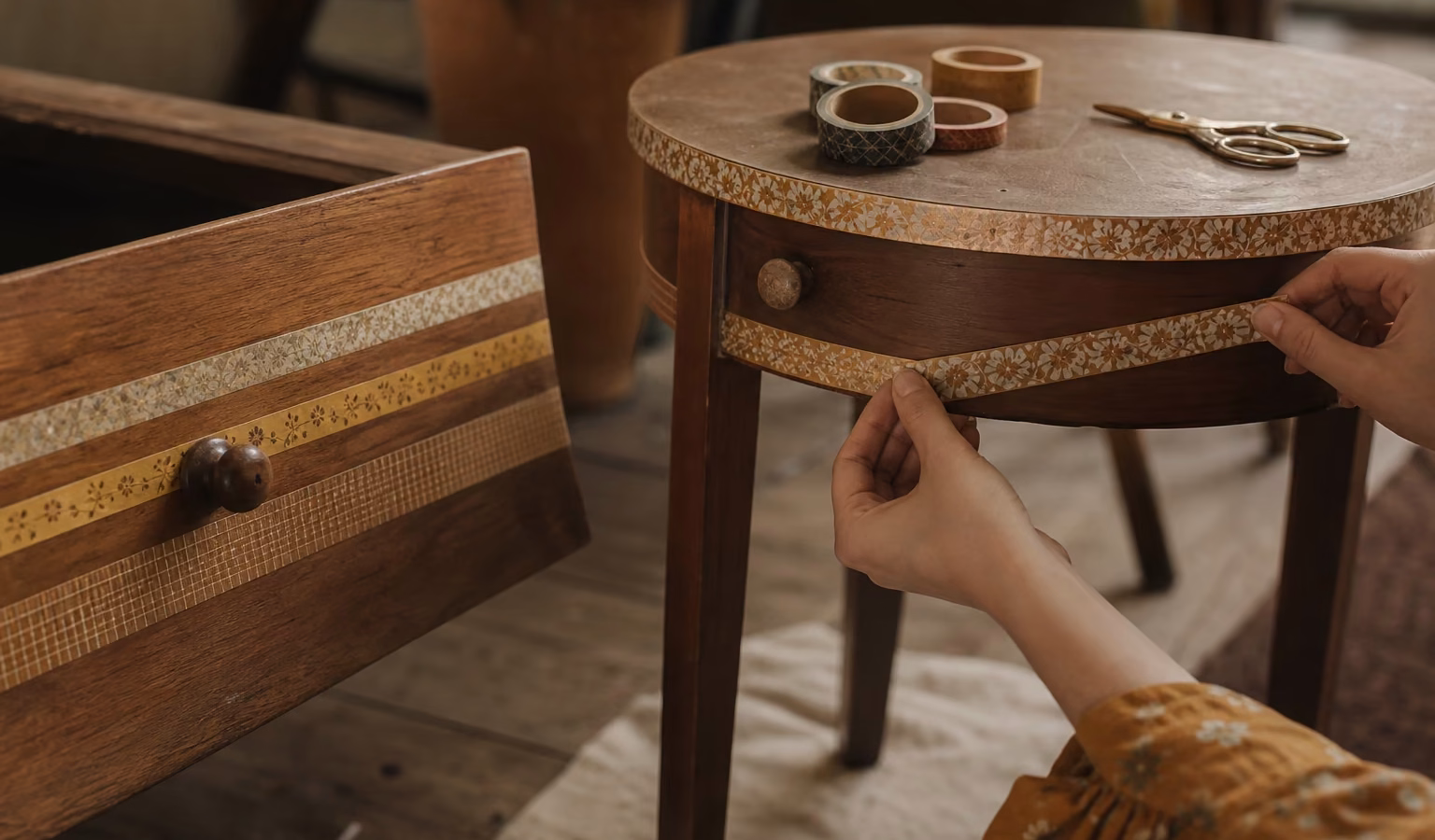 Cajón de madera renovado con tiras de washi tape en tonos ocre